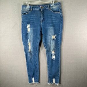 Bamboo Jeans Medium Wash Distressed Frayed Hem Denim Skinny Jeans Womens 12‎